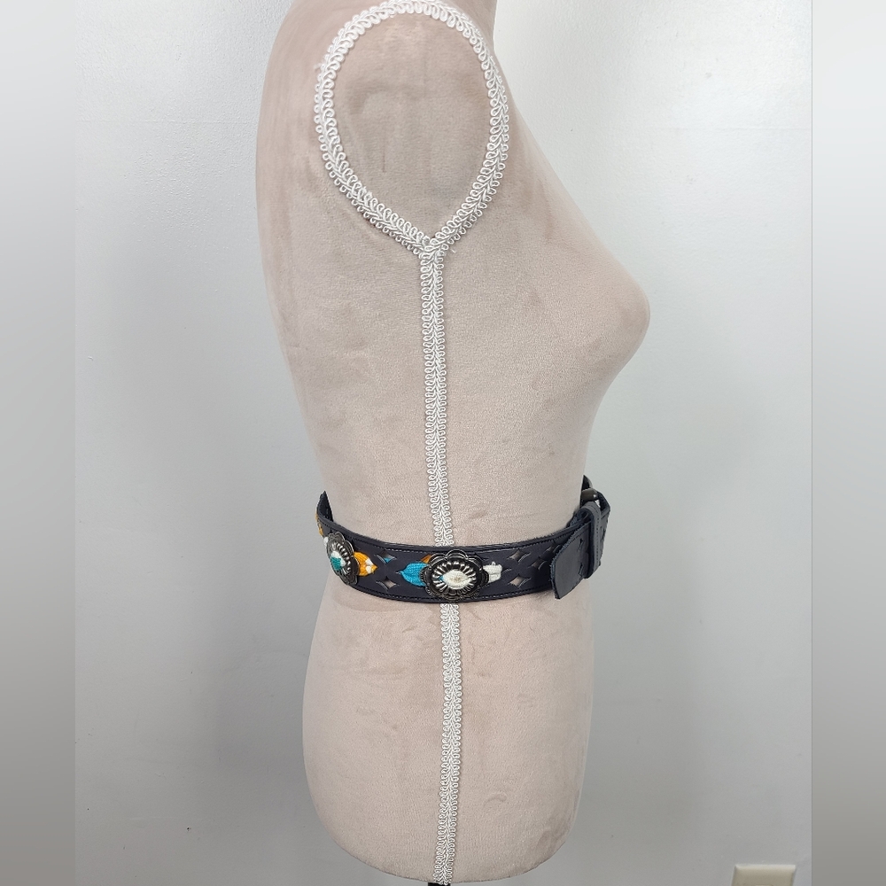 Vintage Charcoal Gray Western Leather Serape Silver-Tone Stamped Concho Belt M - Picture 6 of 16